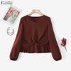 Women V-Neck Loose Casual Long Sleeve Plain Blouse