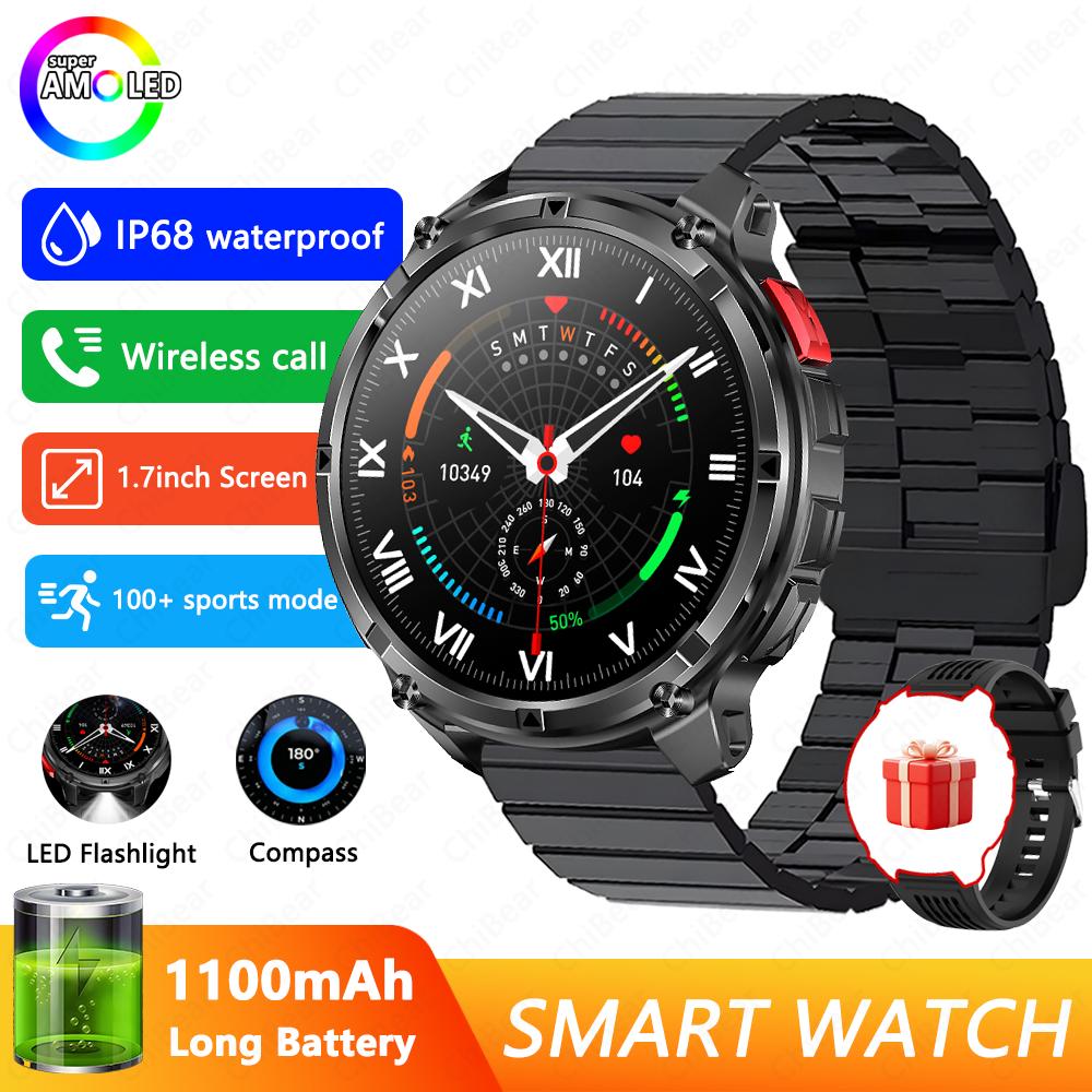 Militärische 1100mAh Super-Große Batterie Herren Kompass Smartwatch 1,7-Zoll AMOLED Bluetooth-Anruf IP68 Wasserdicht Sport Smartwatch