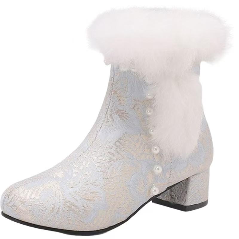 Women's Winter Block Heel Ankle Hanfu Boots Ethnic Style Round Toe Silk Plush Warm Zippers Cheongsam Boots Horse-Face Skirt Boot