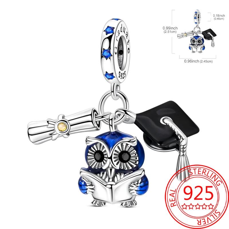 Real Copper Graduation Series Charms Owl Bachelor'S Hat Book Pink Girls Bead Fit Original Bracelets Diy Fine Gifts For Women