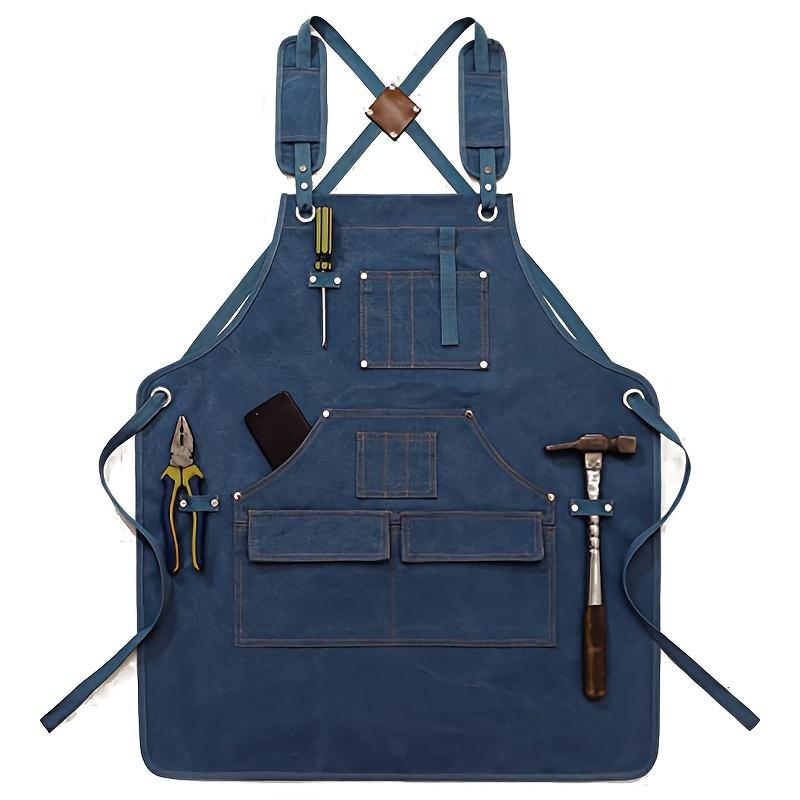 Durable Cotton Canvas Apron w/ Pockets for Woodworking, Electrician, Gardening. Adjustable Leather Straps & Metal Buckles.