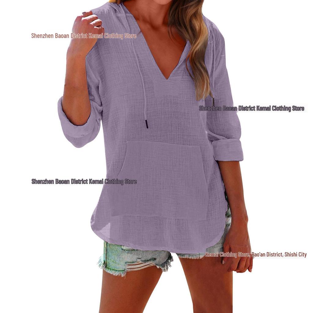 European & Asian 2025 Spring/Summer Women's V-Neck Long Sleeve Beach Hoodie with Pocket