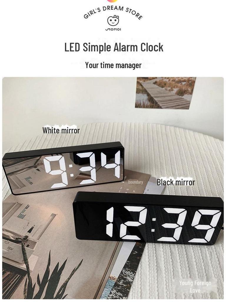 LED Mirror Desktop Clock: Digital Display Table Ornament & Student Alarm Clock