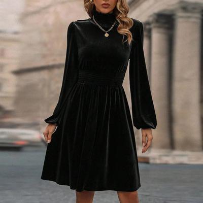 Γυναικείο φθινοπωρινό και χειμερινό casual φόρεμα με ψηλό λαιμό, βελούδινο μακρυμάνικο