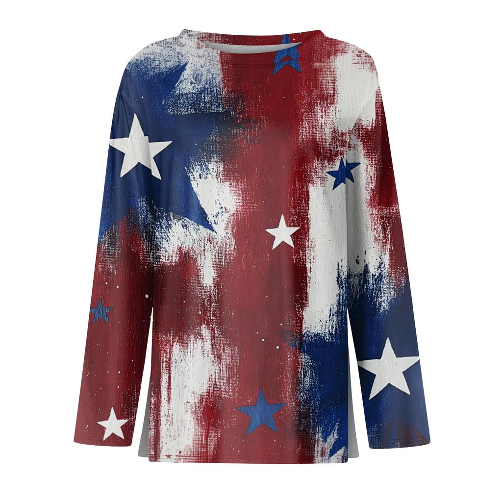 Women’s Long Sleeve Crewneck Top with American Flag and Floral Print Casual Loose Fit Pullover for Daily Wear