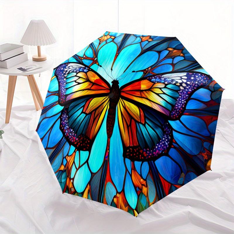 Kolorowa witrażowa motylkowa parasolka, Przenośna, kompaktowa, 3-składana parasolka dla mężczyzn i kobiet, S283