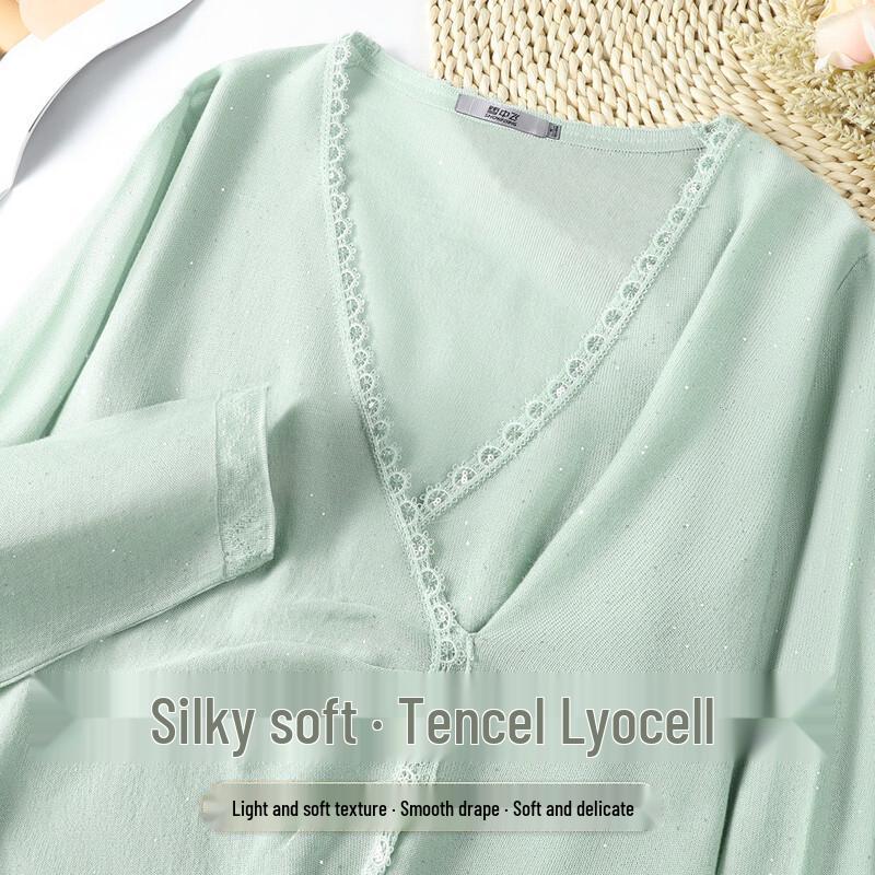 

Snowflying Women s Lace Sequin V-Neck 7/4 Sleeve Lyocell Knit Top 3XL