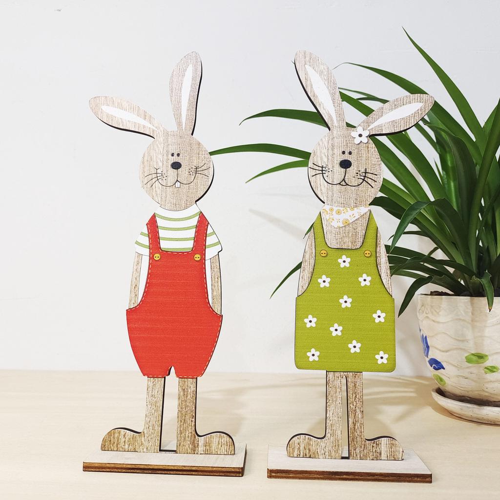 2Pcs Easter Wooden Rabbit Ornaments Cute Cartoon Stand Bunny Desk Decoration Figurines Nordic Style Easter Party Decoration