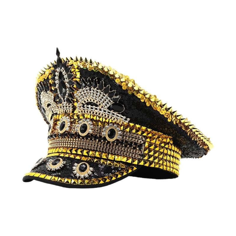 Elegant Captain Hat with Rivet Studded Sparkling Rhinestones for Women Various Outfit Night Club Bridal Shower Headwear 1 чёрный/золотой