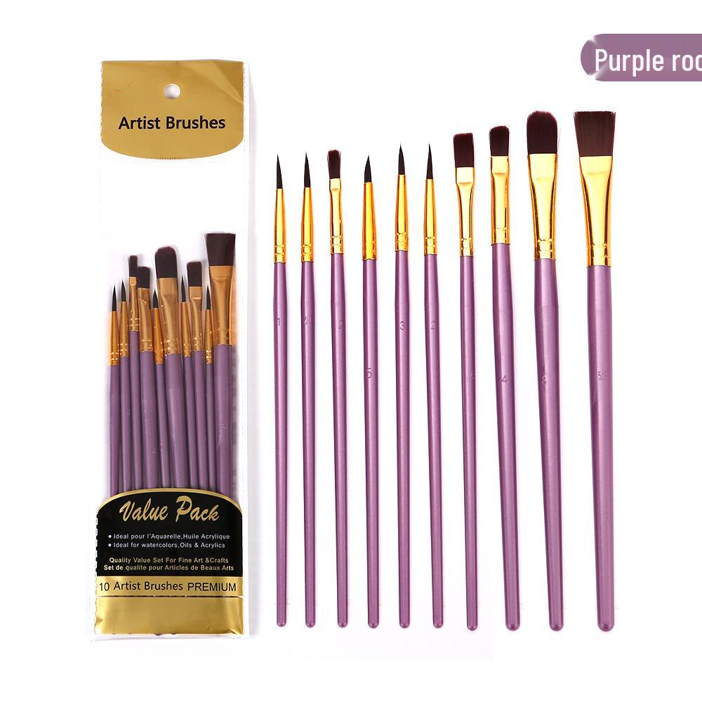 10-Piece Nylon Paintbrush Set with Plastic Handles for Oil, Watercolor, and Gouache Painting