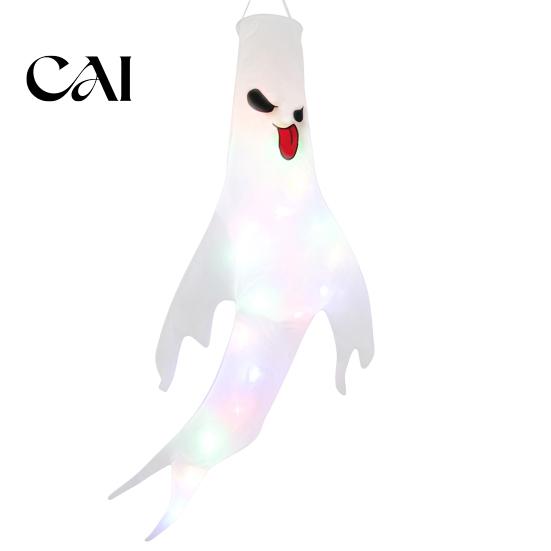 Theme Cafe Hanging Decorations 47 Inch Halloween Ghost Windsock with LED Lights, Luminous Flying Ghosts Flag Wind Socks for Tree Outdoor Yard