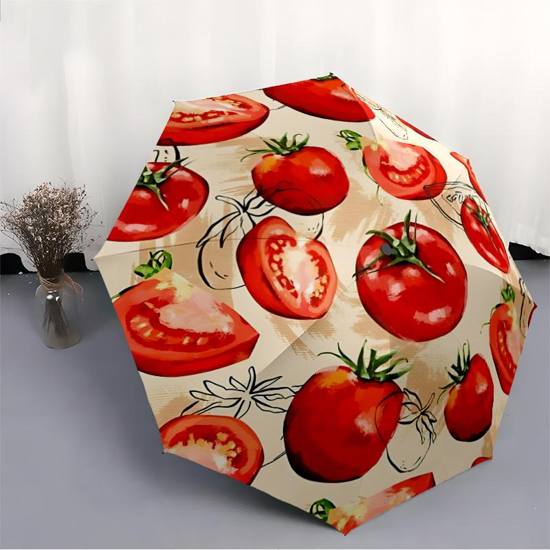1pc Tomato Pattern Automatic Open/Close Umbrella with One-Touch Button, Compact Folding Canopy, Sturdy 8-Rib Windproof Design -134