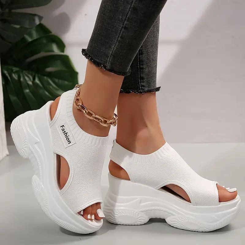 Women's Solid Color Casual Sandals, Platform Elastic Soft Sole Knitted Walking Shoes, Heightening Wedge Vacation Shoes