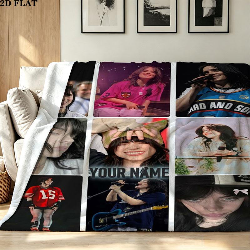 1PC Billie Eilish Custom Name Patterned Flannel Blanket Suitable For All Seasons for Home Decor Warmth and Comfort Gifts Holiday Present