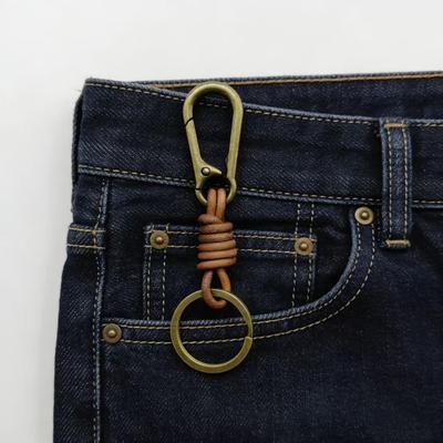 Bold Vintage Carabiner Leather Bag Charm: Punk Retro Alloy Cowhide Braided Keychain