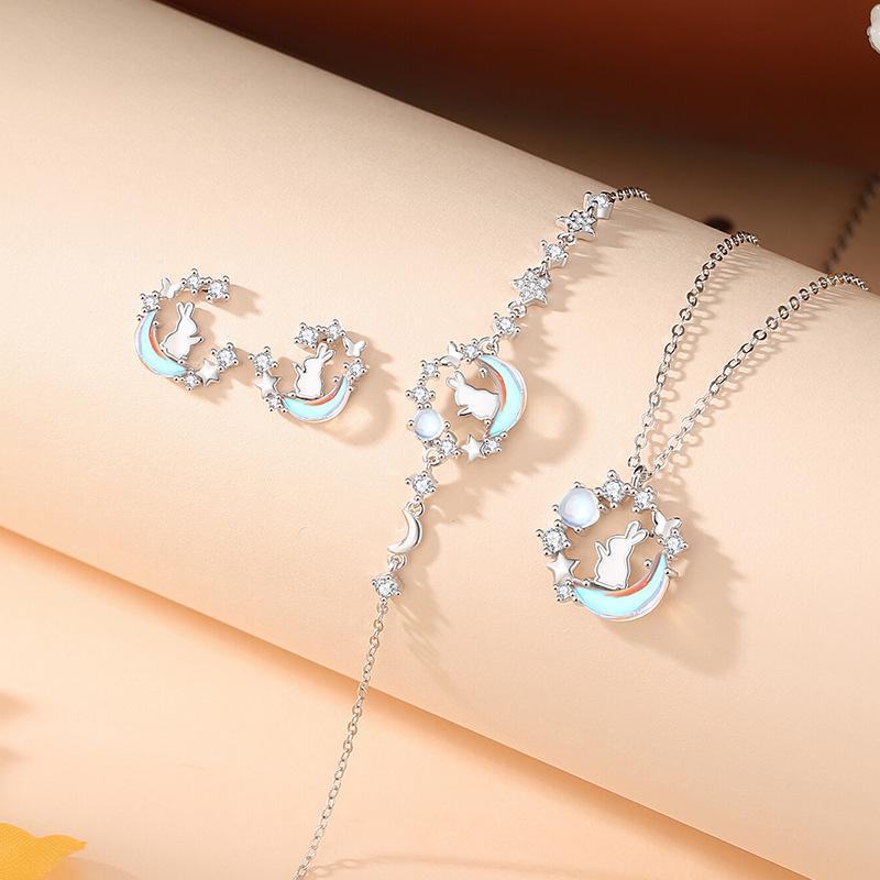 Premium Fashion Moonstone Rabbit Inlaid Diamond Clavicle Necklace Bracelet Jewelry Set For Women