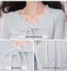 Kumikumi Women's Chic Blue Lace Tie-Up Long Sleeve Autumn Two-Piece Slimming T-Shirt
