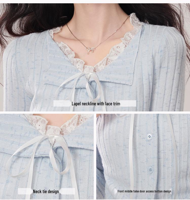 Kumikumi Women's Chic Blue Lace Tie-Up Long Sleeve Autumn Two-Piece Slimming T-Shirt