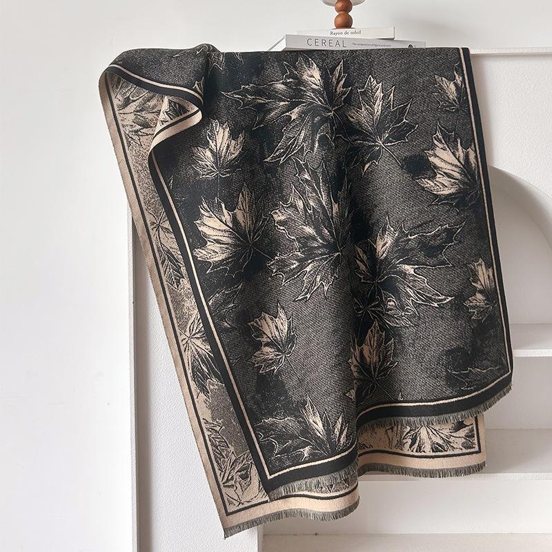 imitation cashmere maple leaf retro style advanced texture printing double-sided warm scarf shawl