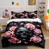 Skull with Pink Roses Pattern Bedding Duvet Cover Set (1*Duvet Cover 2*Pillowcases, Without Duvet Insert)