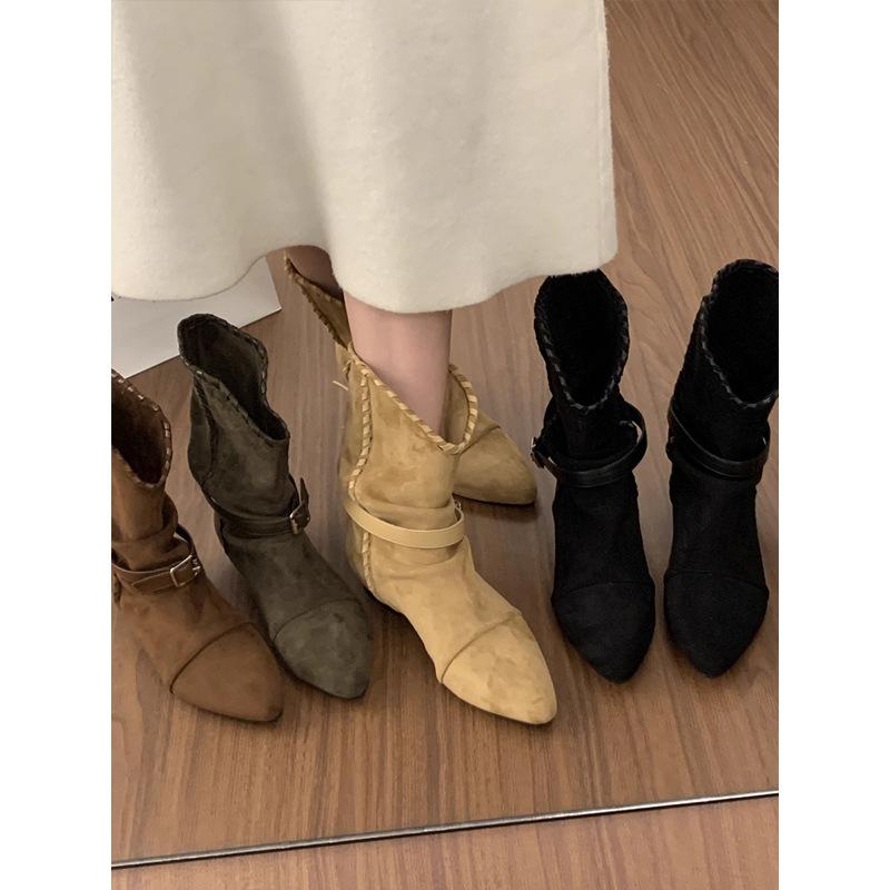 Retro pleated belt buckle pointed pile boots women's new inner height increase versatile comfortable western cowboy boots