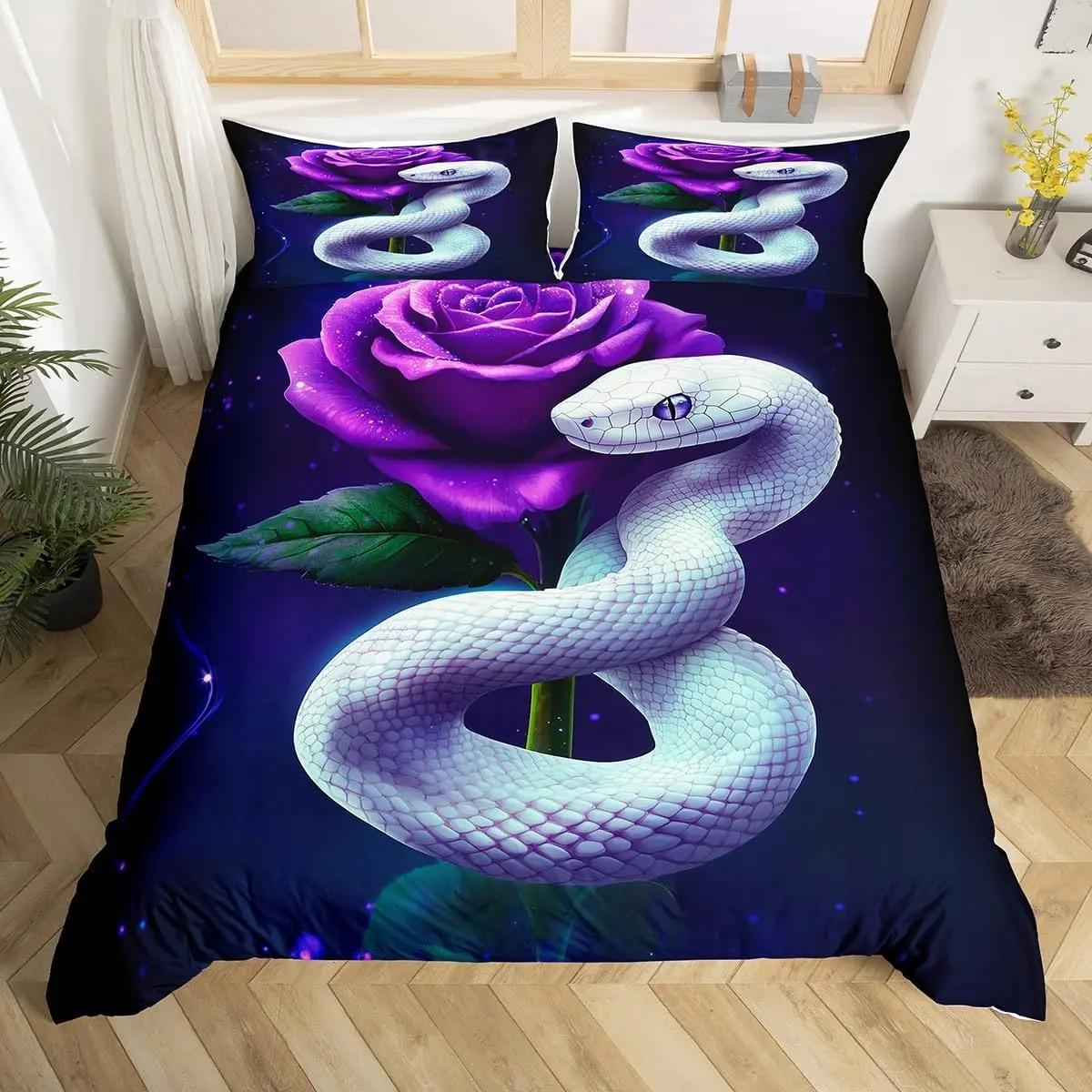 Housse de couette serpent Ensemble de literie Python Cadeau pour adolescent adulte, Housse de couette serpent animal de la forêt tropicale Faune reptiles Housse de couette 140x200cm 3pcs