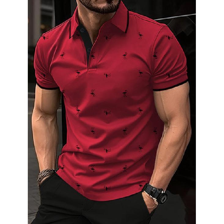 Men's Flamingo Print Short-Sleeve Polo Shirt with Stylish and Unique Design for Street Fashion