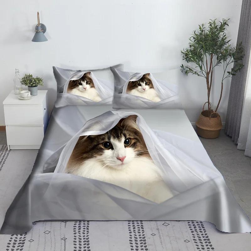 Lovely Cat Bed Sheet Set Digital Printing Polyester Bed Flat Sheet With Pillowcase Print Bedding Set