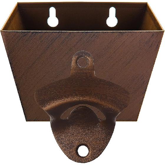 Outdoor Stainless Steel Bottle Opener Wall Mounted Beer Top Opener with Cap Catcher Bucket (Rustic Black)