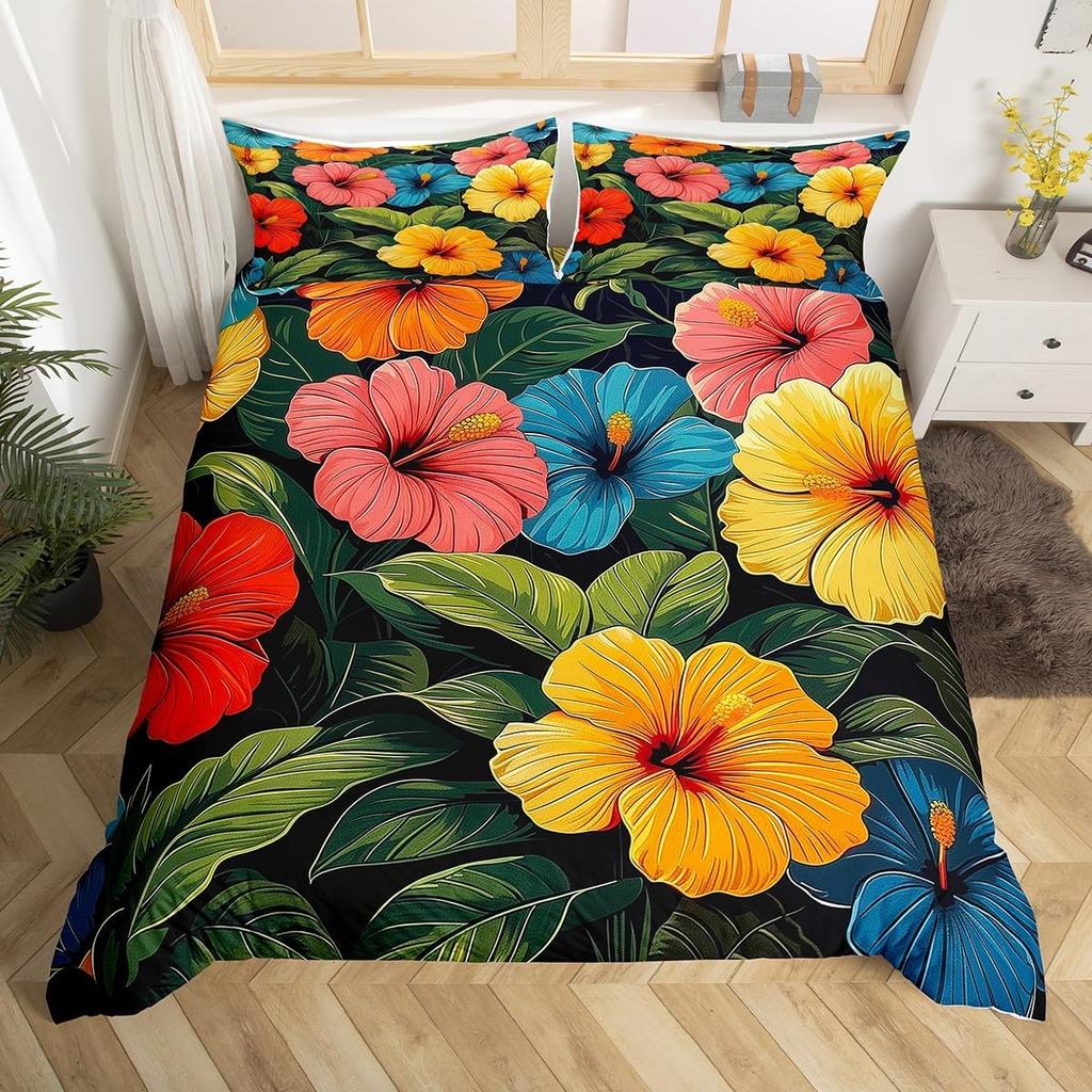 Hibiscus Duvet Cover Twin Colorful Rose Of Sharon Bedding Set,Botanical Floral Comforter Cover Tropical Palm Leaves Quilt Cover