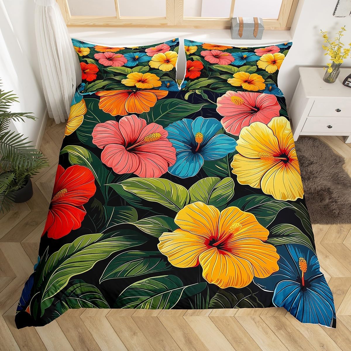 

Hibiscus Duvet Cover Twin Colorful Rose Of Sharon Bedding Set,Botanical Floral Comforter Cover Tropical Palm Leaves Quilt Cover AU Single(140x210cm)