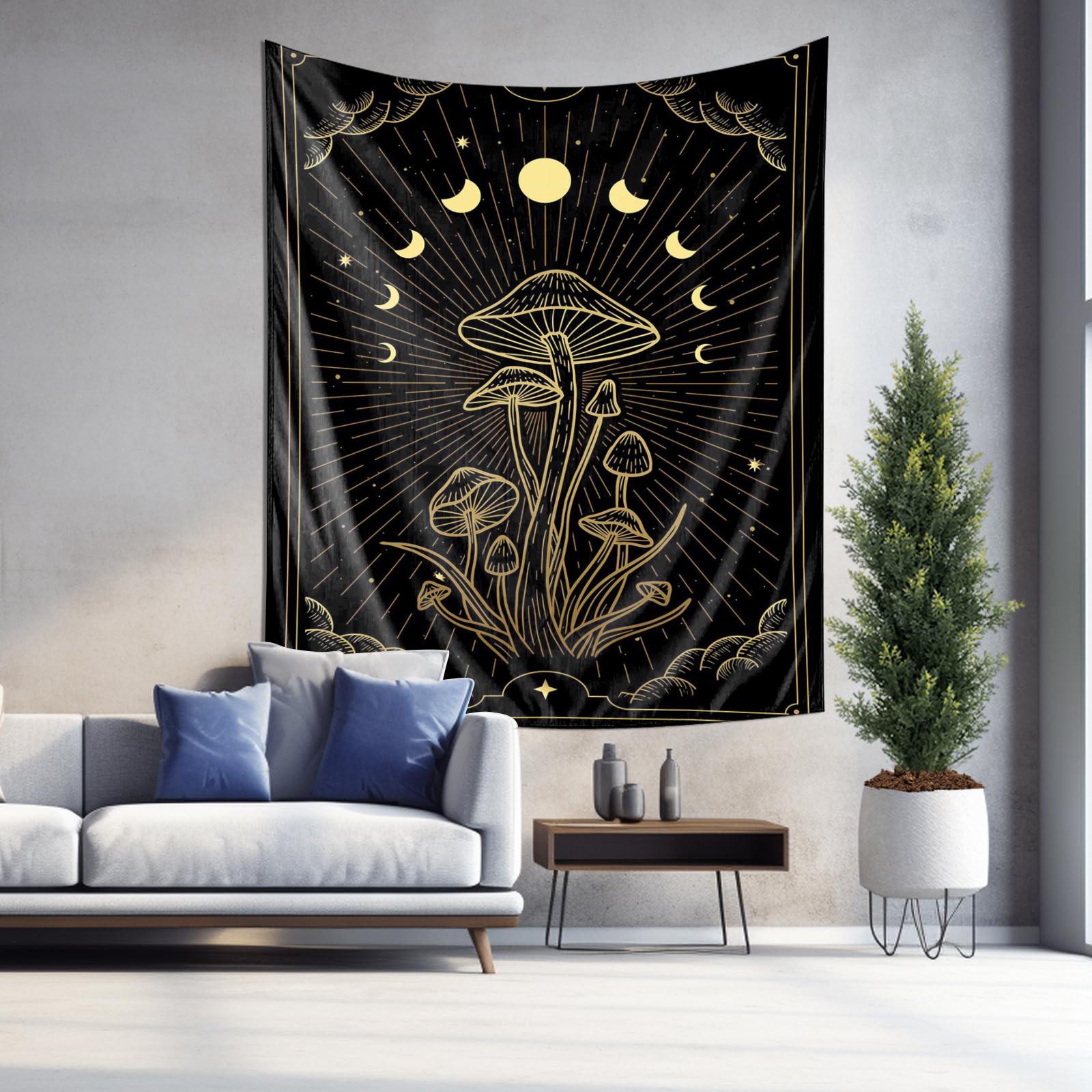Black and Gold Psychedelic Moon Mushroom Wall Hanging Decor Fabric Tapestry 74x94cm(29x37in)
