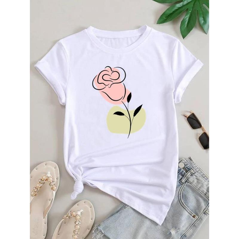 (European Size) Lovely Cute Women Letter Flower Tee Top Clothing Casual Short Sleeve T Shirt Fashion Print Lady Female Graphic T-shirts