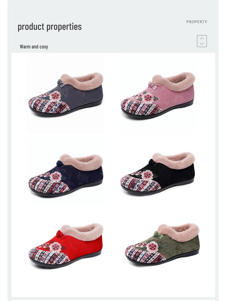 Botines Bordados Forrados de Felpa de Talla Grande para Mujer - Botas de Nieve de Algodón de Estilo Étnico
