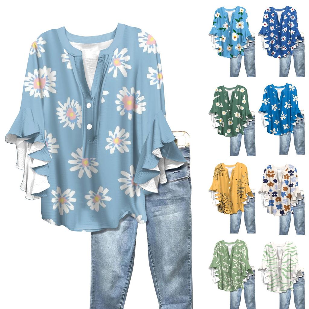 Summer Women's Tops V-Neck Seven Sleeve Shirt Spring Summer Floral Printed Tops Casual Shirt
