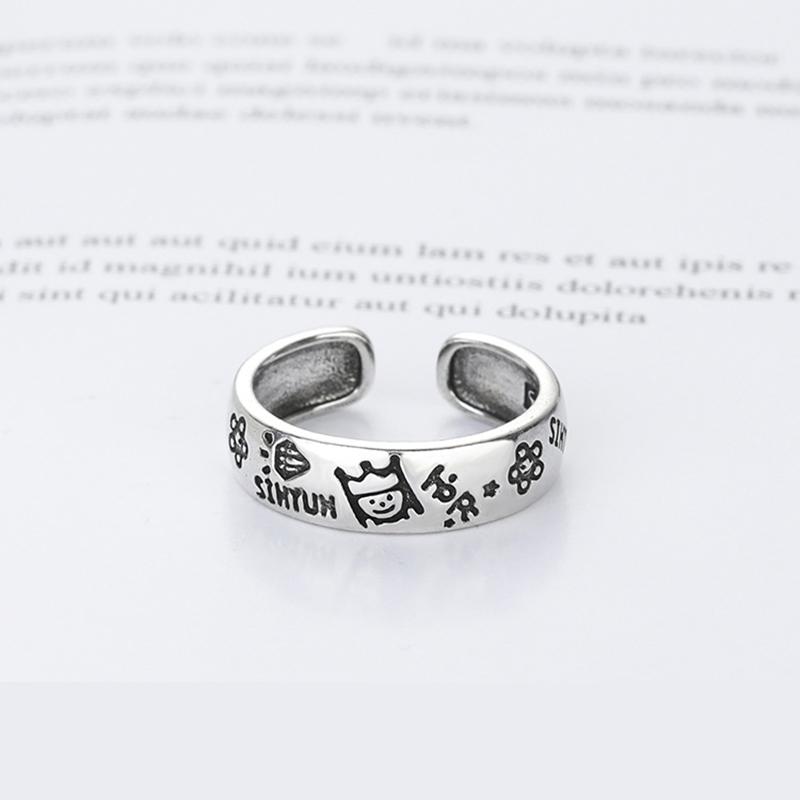 ANENJERY Flower Prince Graffiti Open Ring for Women Korea Niche Design Thai Silver Color Vintage bague femme anel anillo