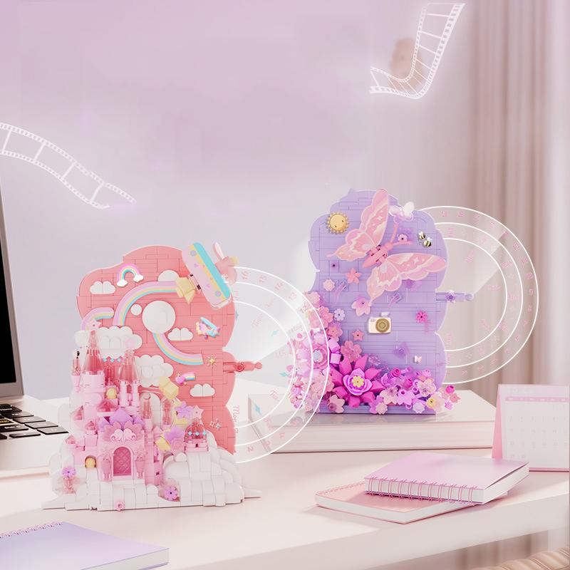 Idea Desk Calendar Building Bricks Princess Caste Butterfly Flower Mini Block Educational Toy With Light For Student Gifts