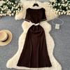 Elegant Slimming Spliced Single-breasted Knit Dresses for Women Lapel Short Sleeves Patchwork Sweater Dress Female