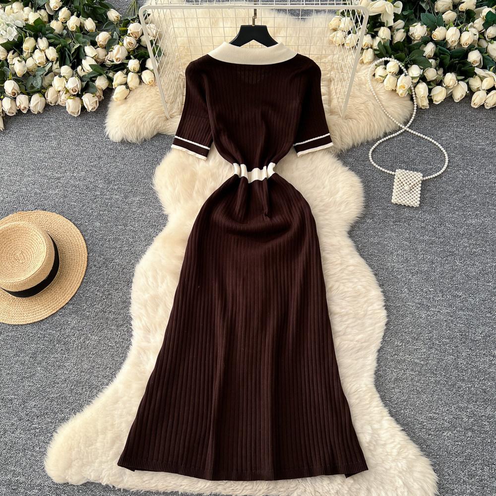 Elegant Slimming Spliced Single-breasted Knit Dresses for Women Lapel Short Sleeves Patchwork Sweater Dress Female