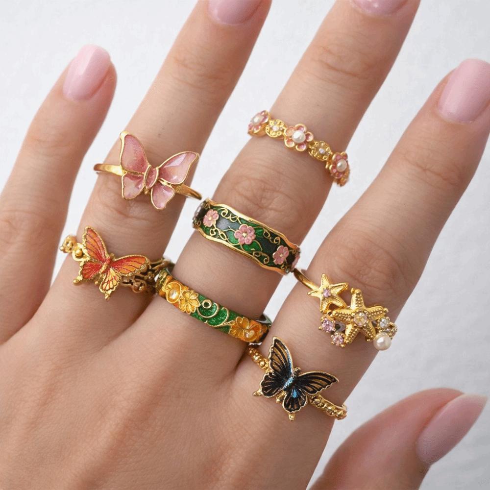 7Pcs/Set Rhinestone Flower Ring Set Camellia Flower Irregular Rings Unique Enamel Finger Rings Gift