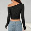 European Hot Girl Rhinestone Off-Shoulder Long Sleeve Knit T-Shirt - 2025 Spring Slim Fit Top