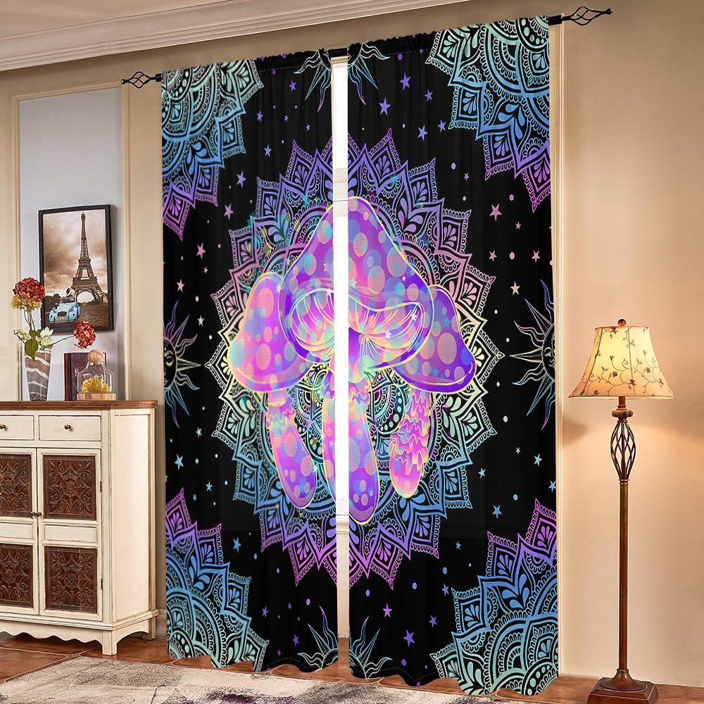 2 Pieces, Bohemian Mandala Psychedelic Mushroom Curtains -30% Blackout - Suitable for Living Room, Bedroom and Home Decoration.