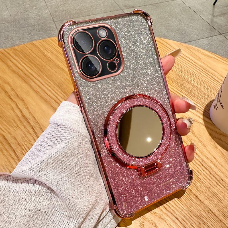 Glitter makeup mirror holder phone15promax mobile phone case Apple 14 four-corner airbag anti-drop 13 soft cover 2