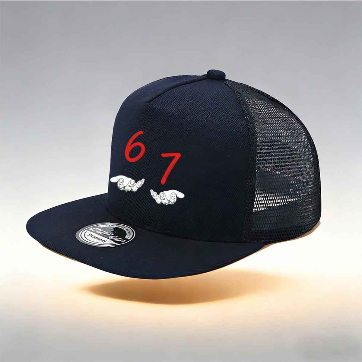 

1/2PC Flat Brim Mesh Trucker Hat, Breathable, Red 67 Number Hand Gesture Print, Retro Hip Hop Streetwear for Men Women темно-синий