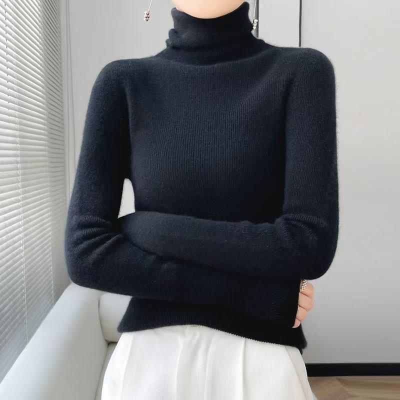 Women’s 2025 Autumn/Winter Pure Wool Sweater, Half-High Neck, Ribbed, Slim-Fit, Figure-Flattering with Cashmere Inner Layer
