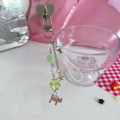 1Pc Handmade Lucky Cat Clover Mobile Phone Chain Beaded Pendant Charm Green Y2K Keychain Diy Decoration