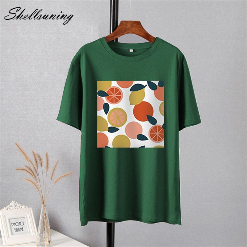 Shellsuning Casaul Kawaii Fruit Printed T Shirt Women Loose O Neck Short Sleeve Base Tees Female Simple Cotton Trendy White Tops