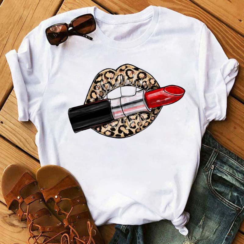 Růžové tričko s potiskem leopardích rtů Módní Dámské tričko Dámské Bílé a černé tričko Tričko s krátkým rukávem Dámské topy Harajuku