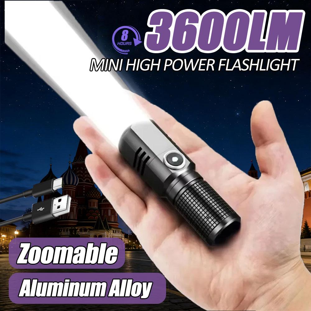Super Bright XHP50 Mini LED Flashlight USB Rechargeable Zoom Aluminum Alloy Flashlight for Outdoor Camping Fishing