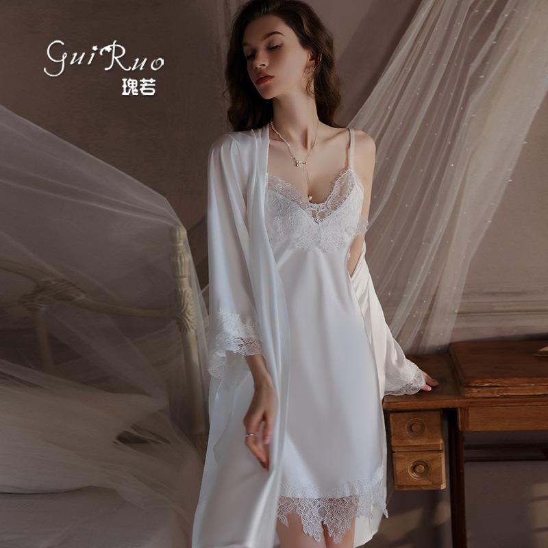 Women's Silky Satin Lace Deep V Cami Sleep Dress with Robe Lounge Set